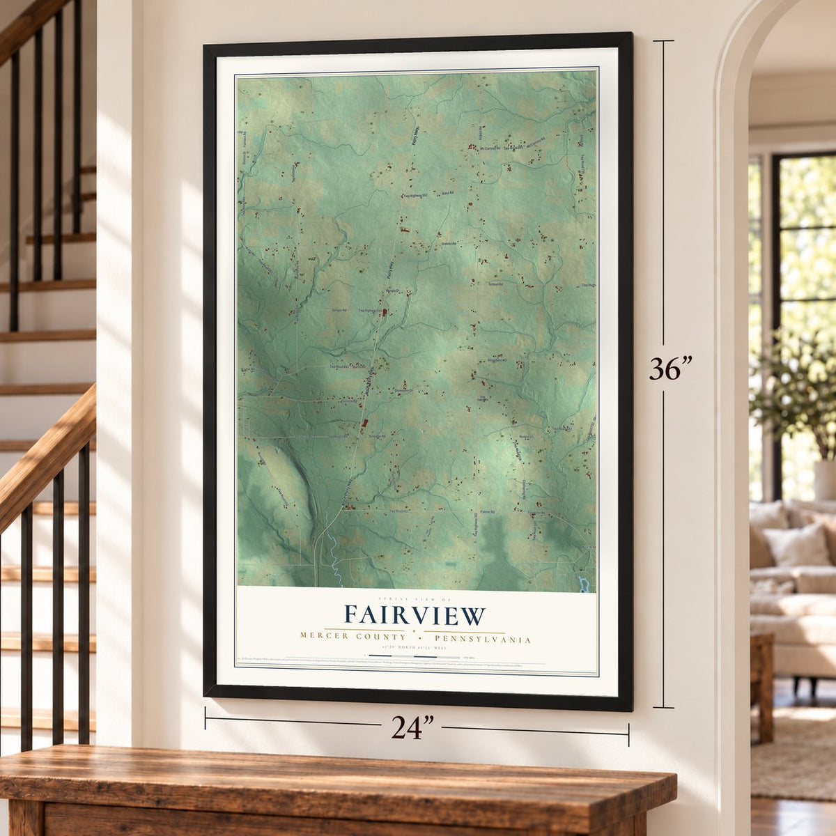 Fairview, Mercer County, Pennsylvania map, 24 x 36 inch print in a black frame by a staircase