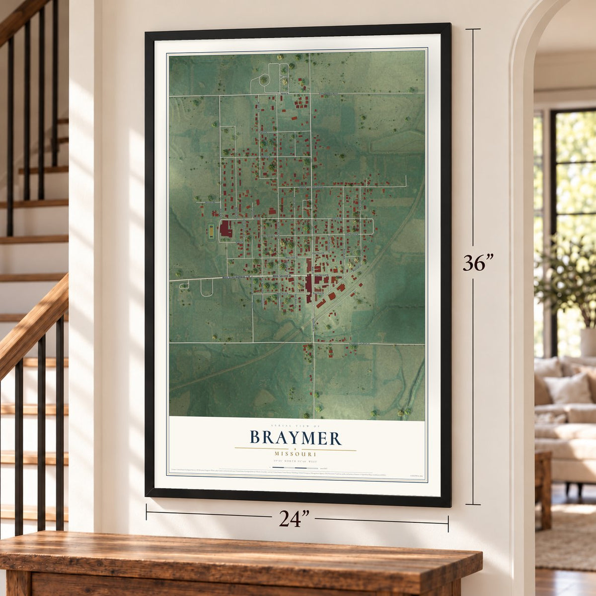 Braymer, Missouri map, 24 x 36 inch print in a black frame by a staircase