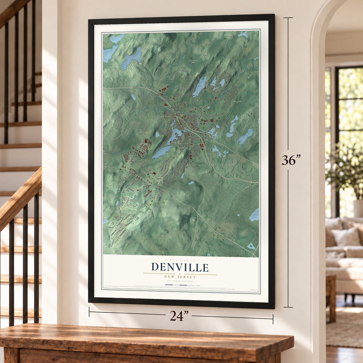 Denville, New Jersey map, 24 x 36 inch print in a black frame by a staircase