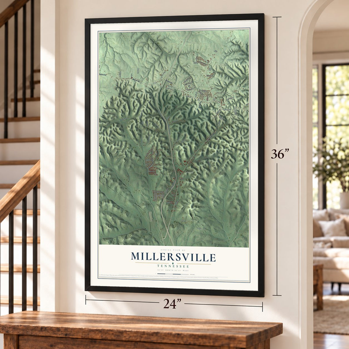 Millersville, Tennessee map, 24 x 36 inch print in a black frame by a staircase