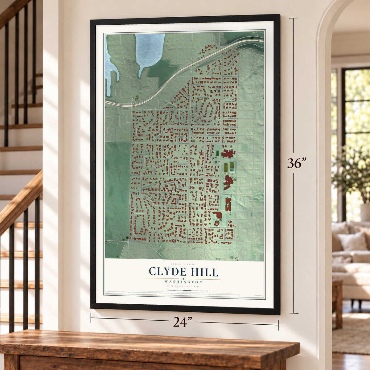 Clyde Hill, Washington map, 24 x 36 inch print in a black frame by a staircase