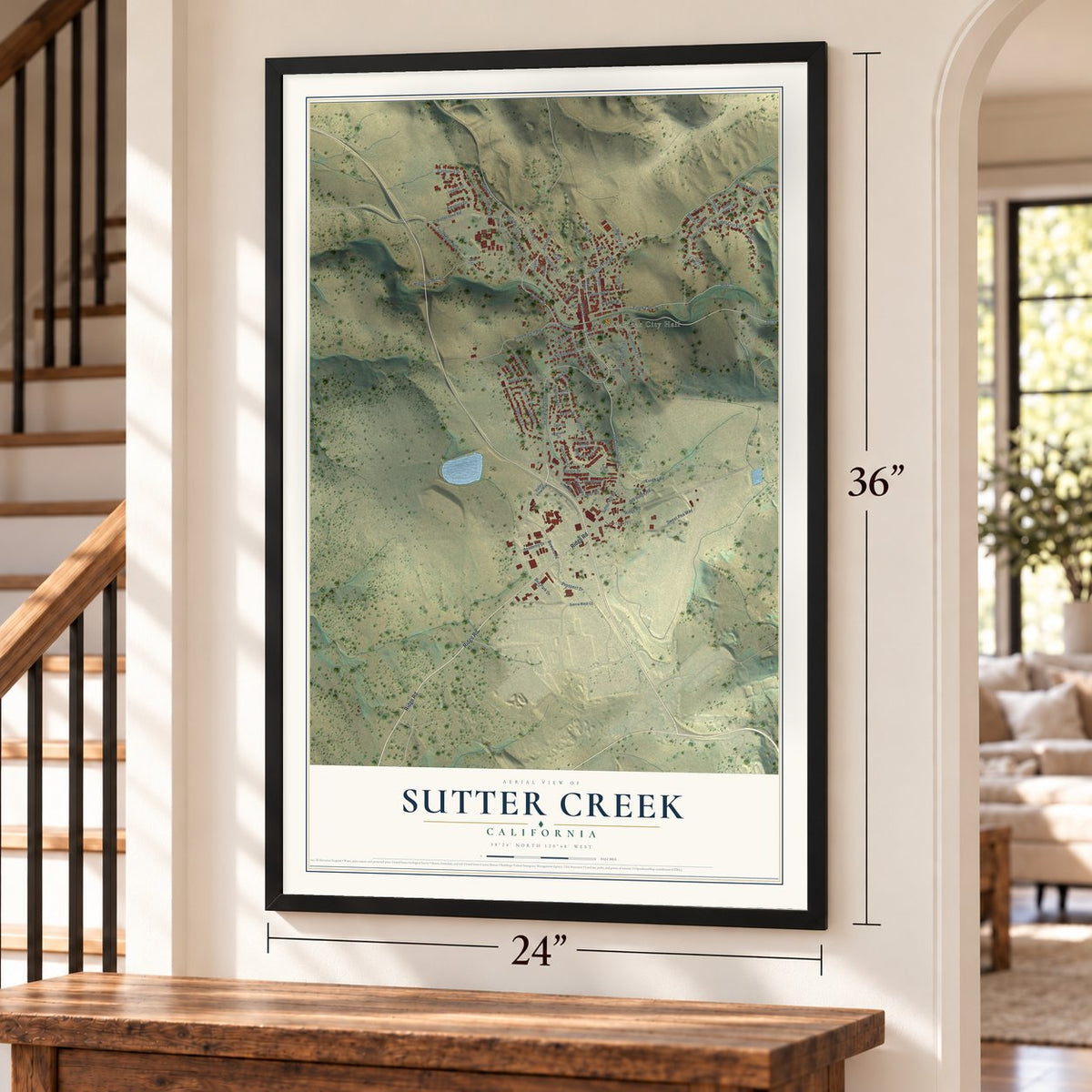 Sutter Creek, California map, 24 x 36 inch print in a black frame by a staircase