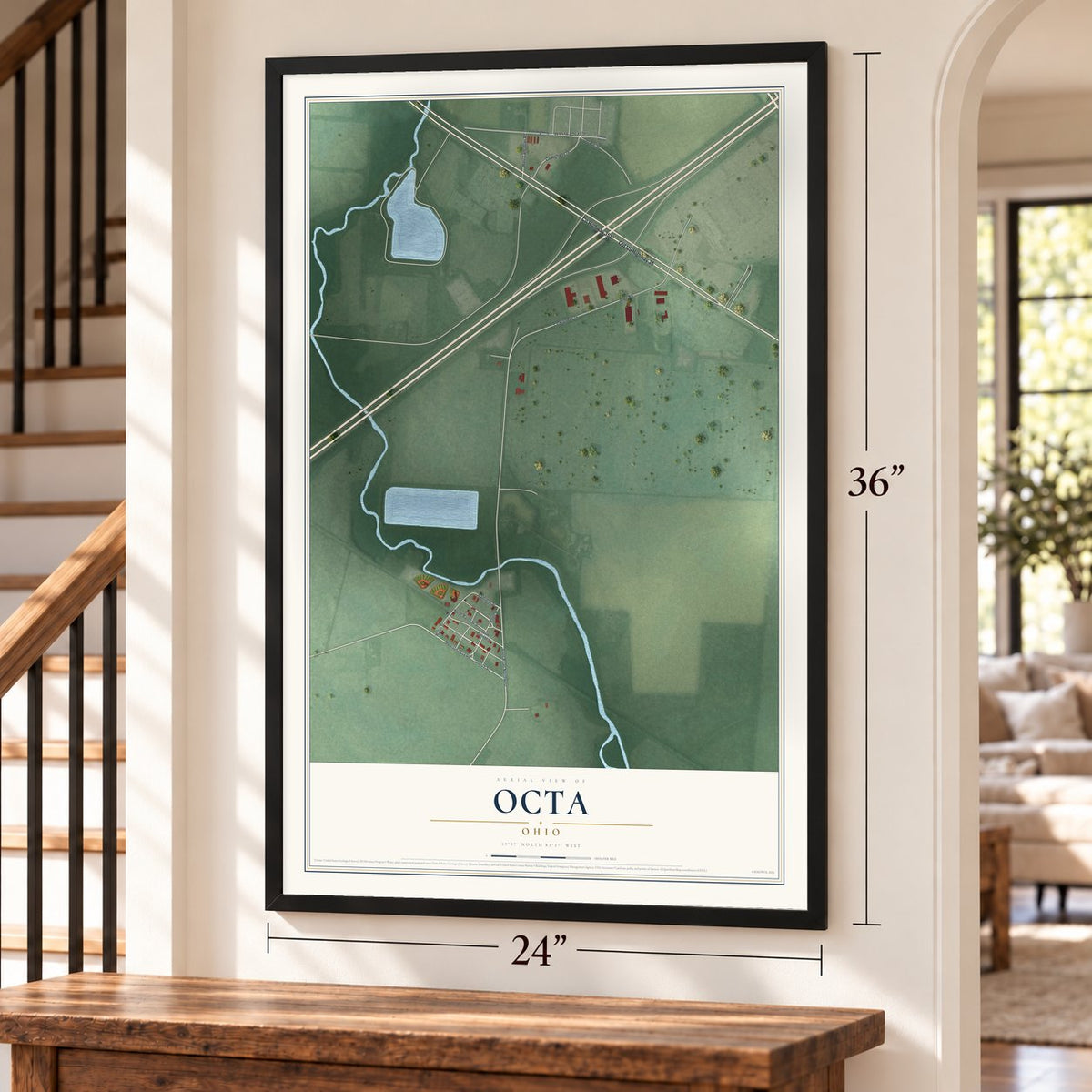 Octa, Ohio map, 24 x 36 inch print in a black frame by a staircase