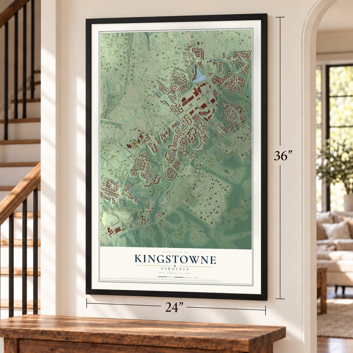 Kingstowne, Virginia map, 24 x 36 inch print in a black frame by a staircase