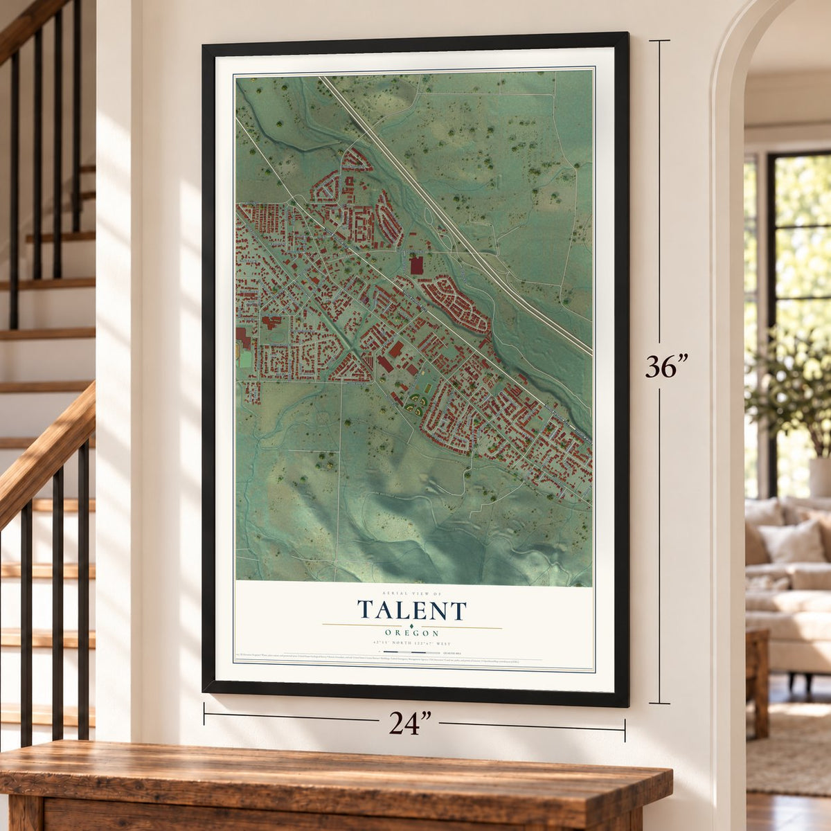 Talent, Oregon map, 24 x 36 inch print in a black frame by a staircase
