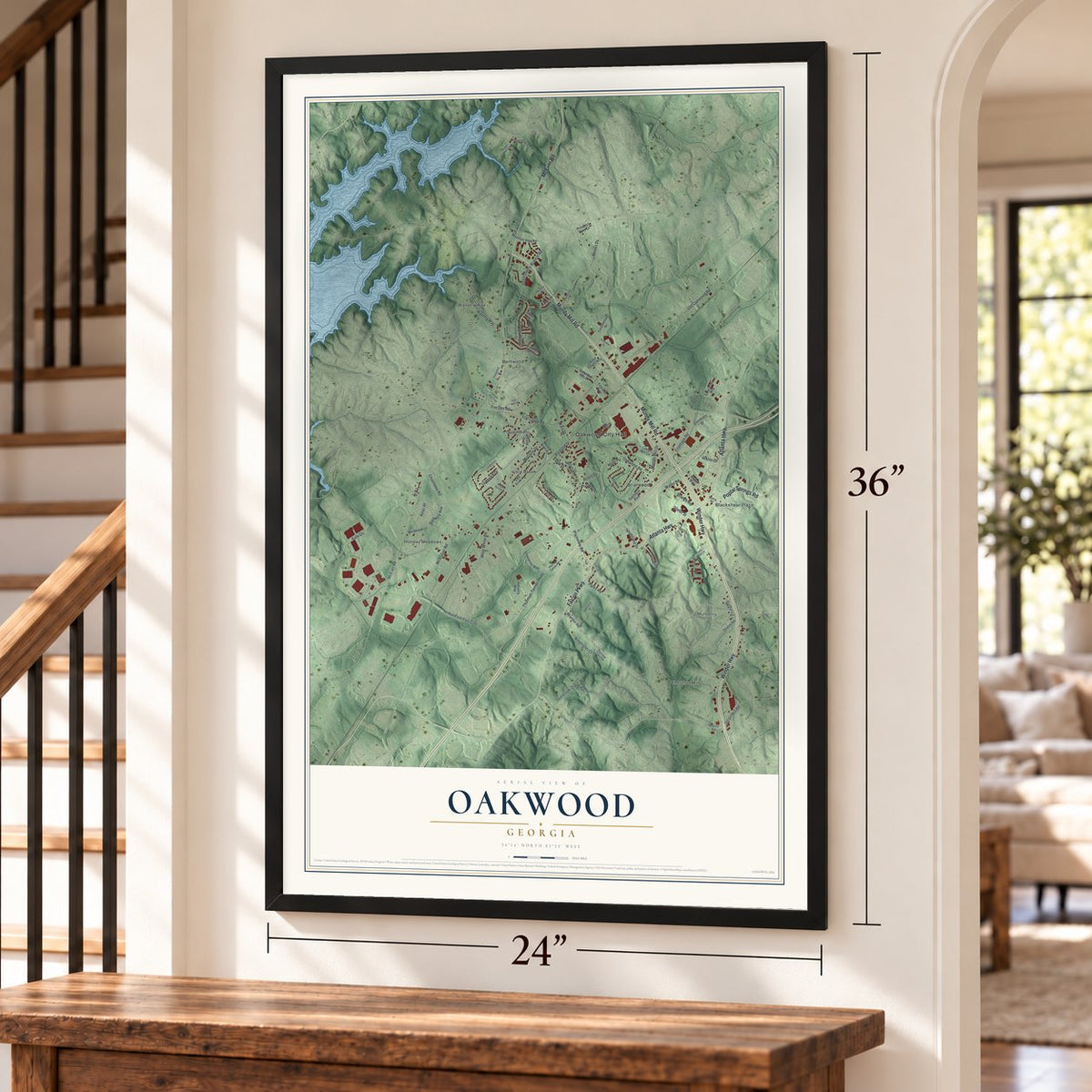 Oakwood, Georgia map, 24 x 36 inch print in a black frame by a staircase