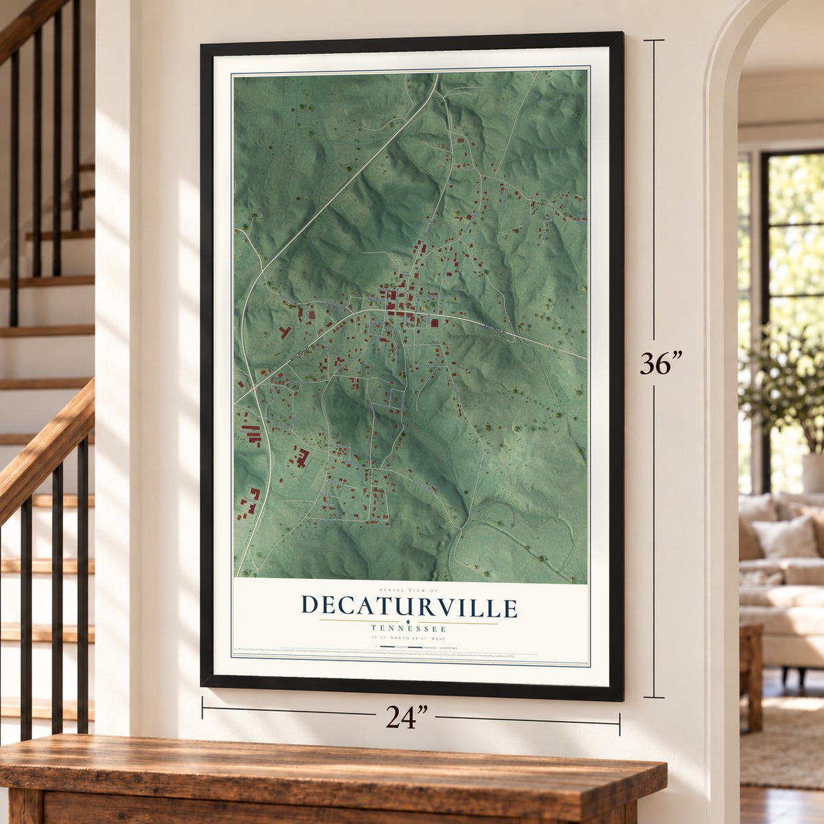 Decaturville, Tennessee map, 24 x 36 inch print in a black frame by a staircase