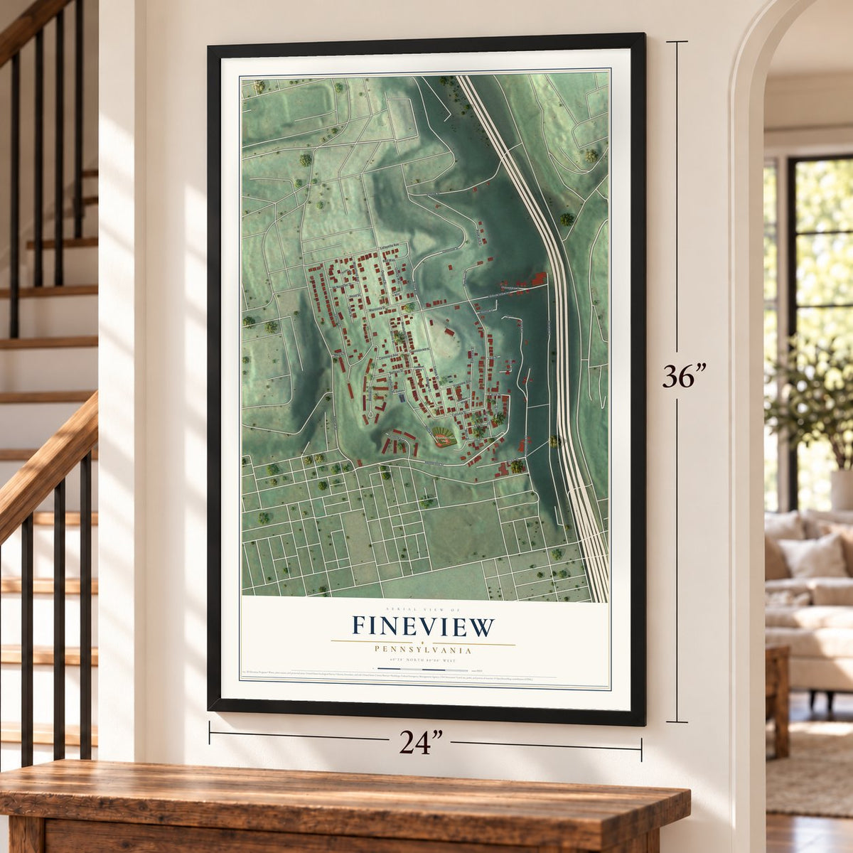 Fineview, Pennsylvania map, 24 x 36 inch print in a black frame by a staircase