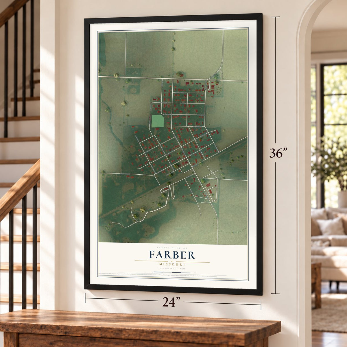 Farber, Missouri map, 24 x 36 inch print in a black frame by a staircase