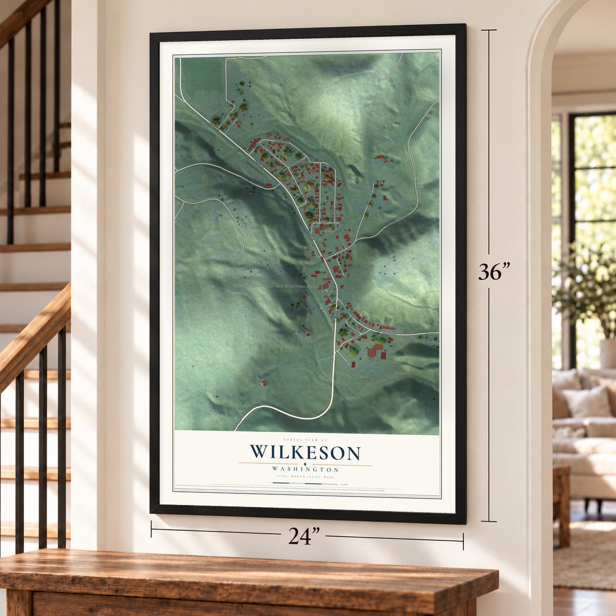 Wilkeson, Washington map, 24 x 36 inch print in a black frame by a staircase
