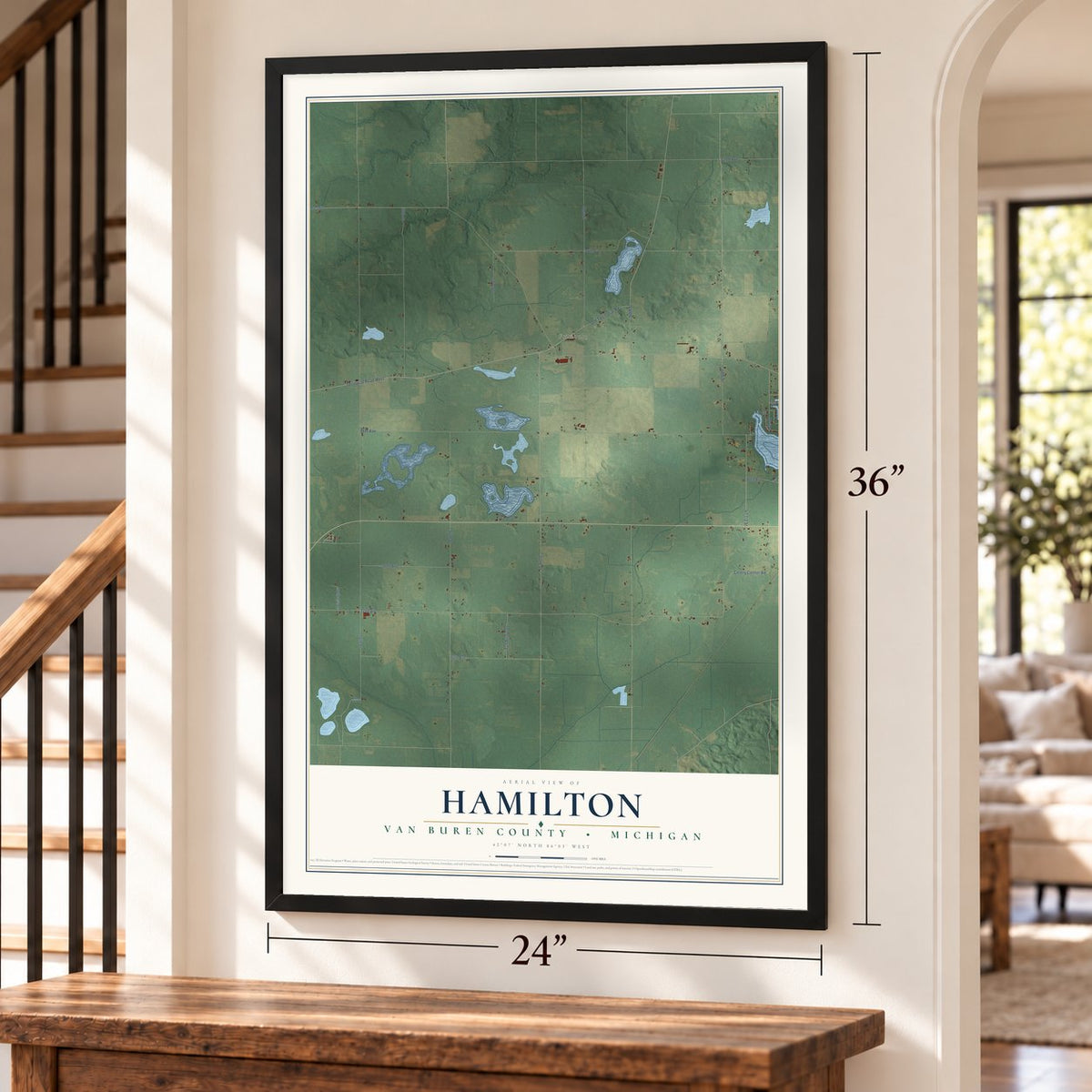 Hamilton, Van Buren County, Michigan map, 24 x 36 inch print in a black frame by a staircase
