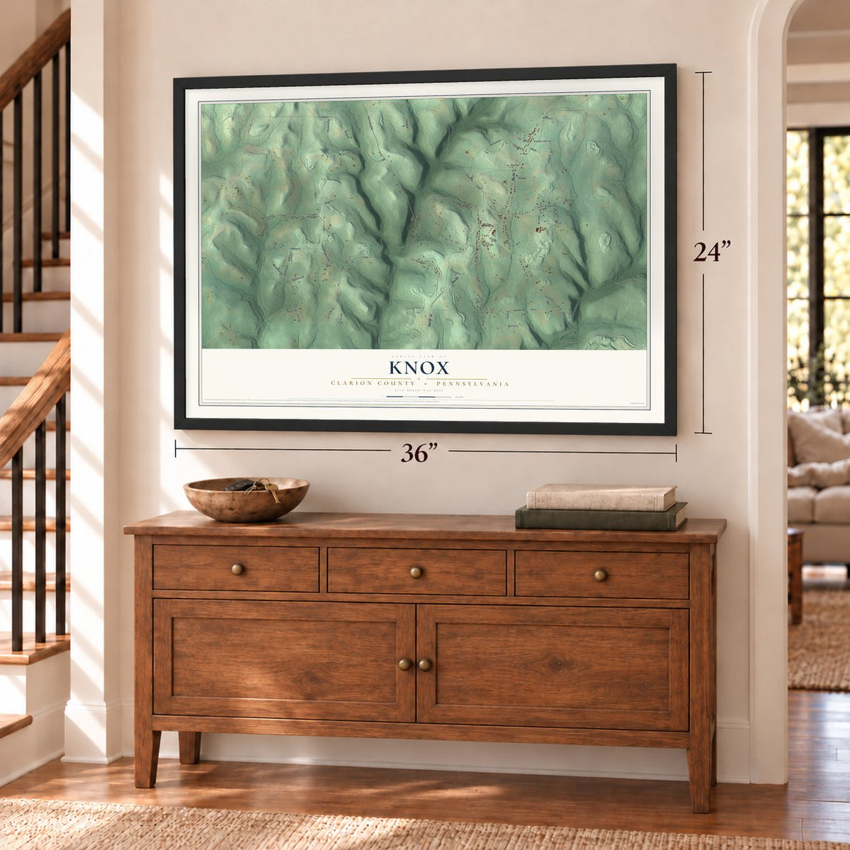 Knox, Clarion County, Pennsylvania map, 24 x 36 inch print in a black frame above a dresser by a staircase