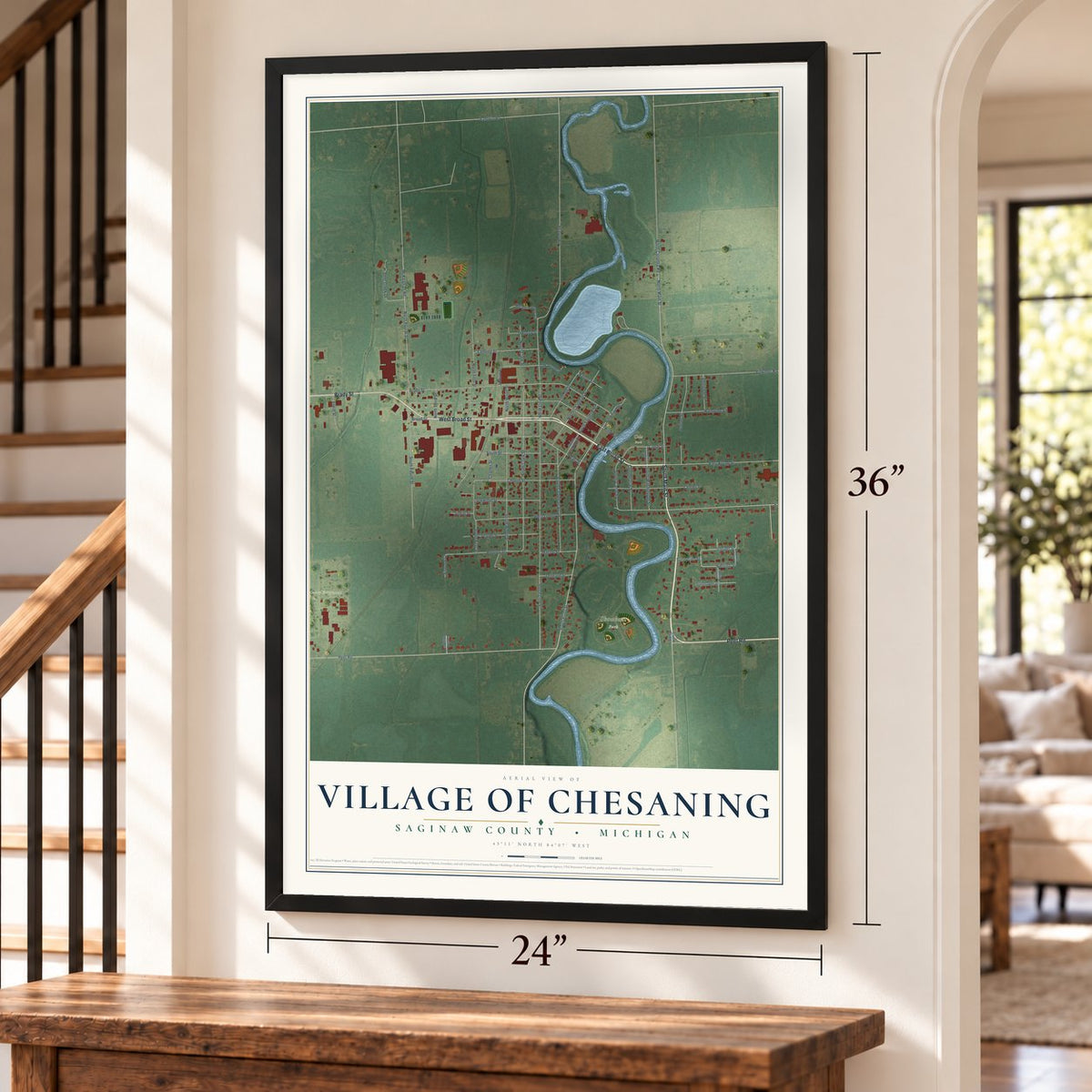 Chesaning, Michigan map, 24 x 36 inch print in a black frame by a staircase