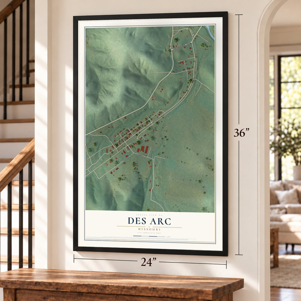 Des Arc, Missouri map, 24 x 36 inch print in a black frame by a staircase