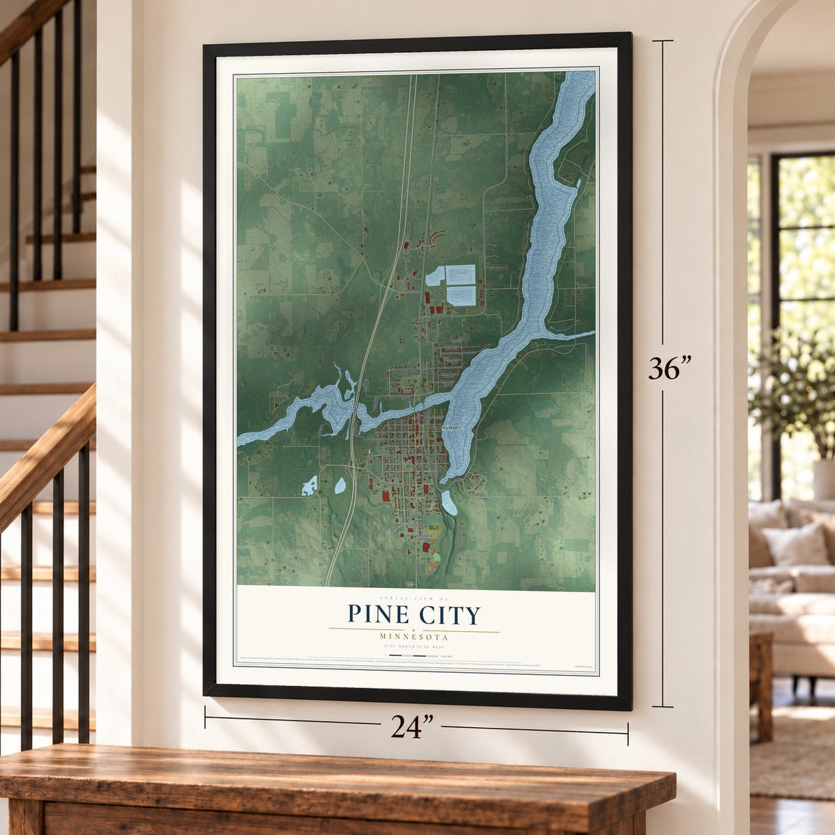 Pine City, Minnesota map, 24 x 36 inch print in a black frame by a staircase