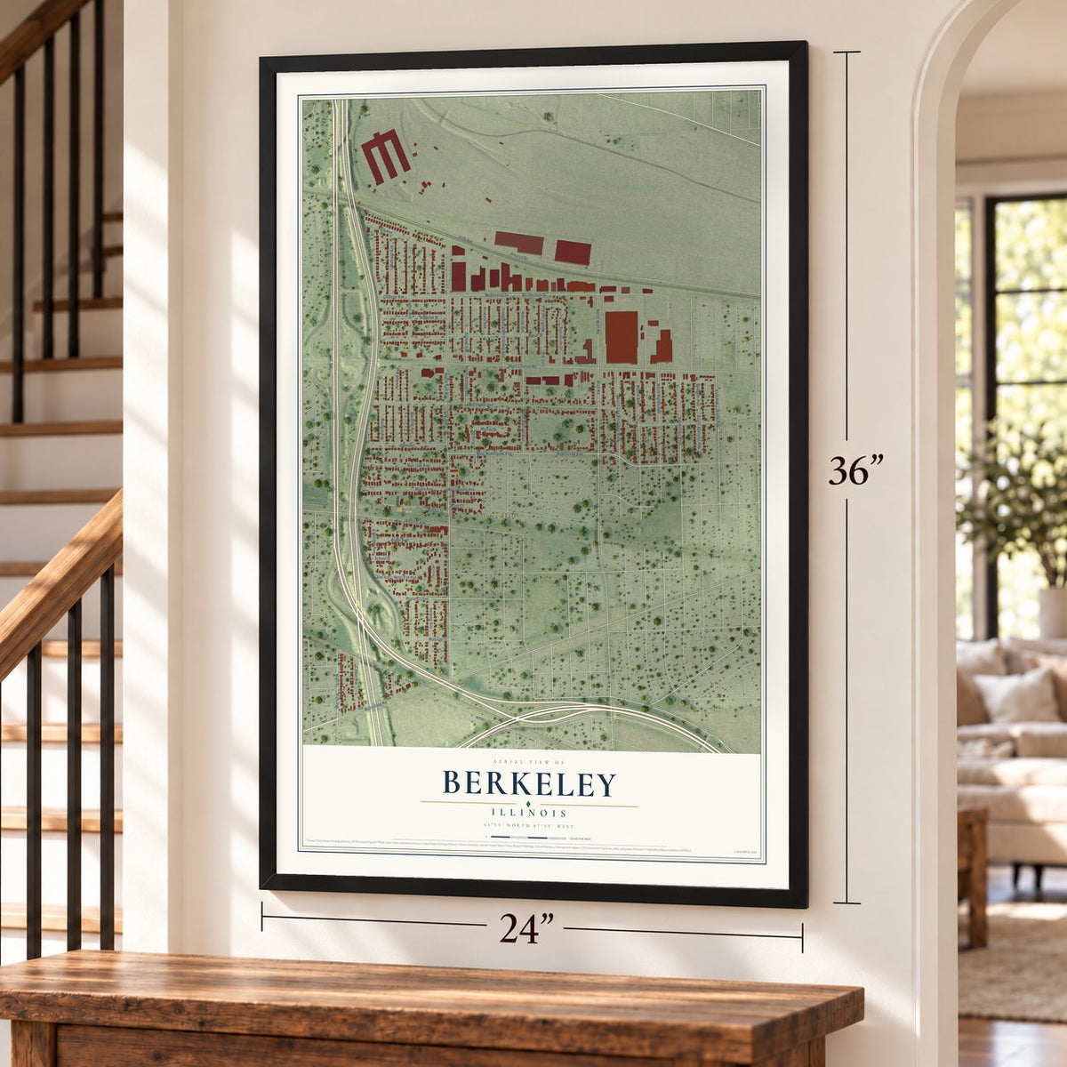 Berkeley, Illinois map, 24 x 36 inch print in a black frame by a staircase