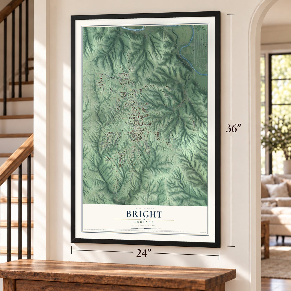 Bright, Indiana map, 24 x 36 inch print in a black frame by a staircase