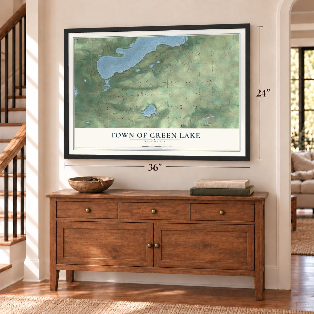 Town of Green Lake, Wisconsin map, 24 x 36 inch print in a black frame above a dresser by a staircase