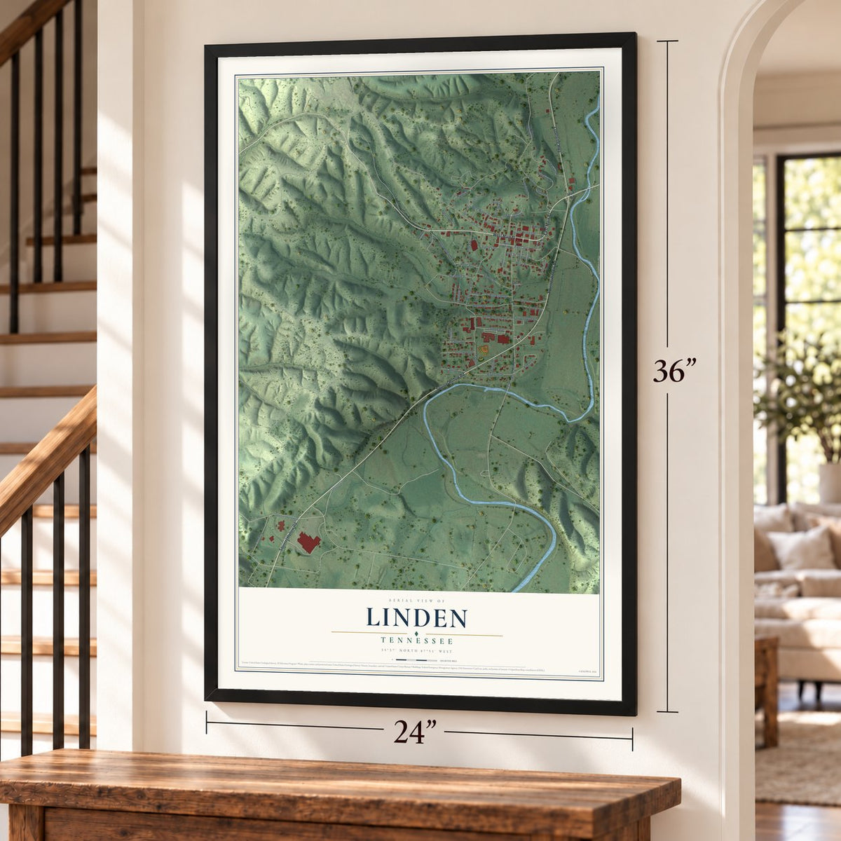 Linden, Tennessee map, 24 x 36 inch print in a black frame by a staircase