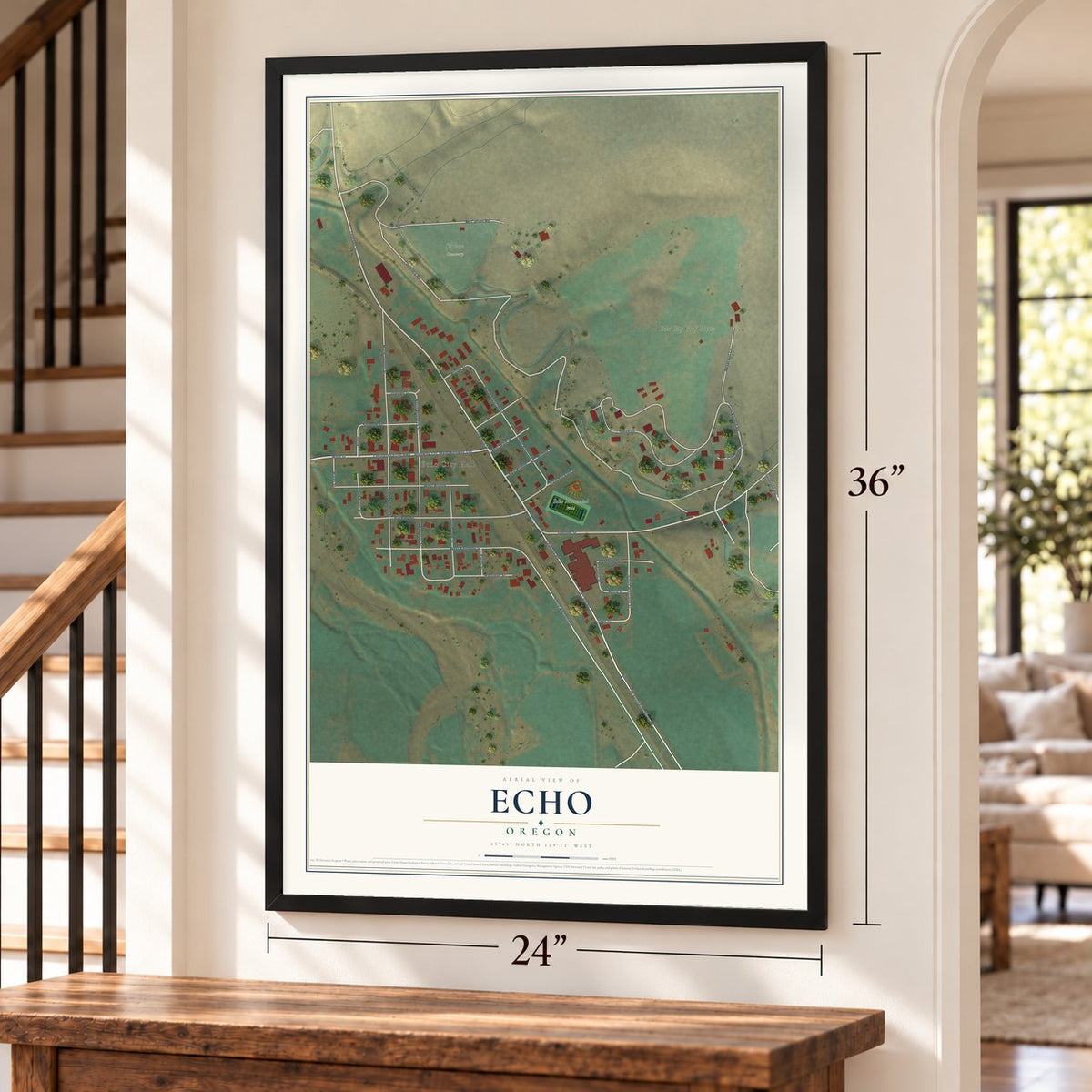 Echo, Oregon map, 24 x 36 inch print in a black frame by a staircase