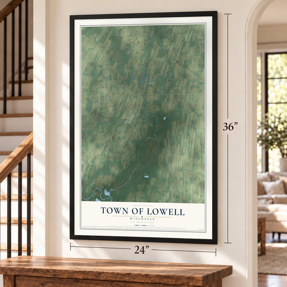 Town of Lowell, Wisconsin map, 24 x 36 inch print in a black frame by a staircase