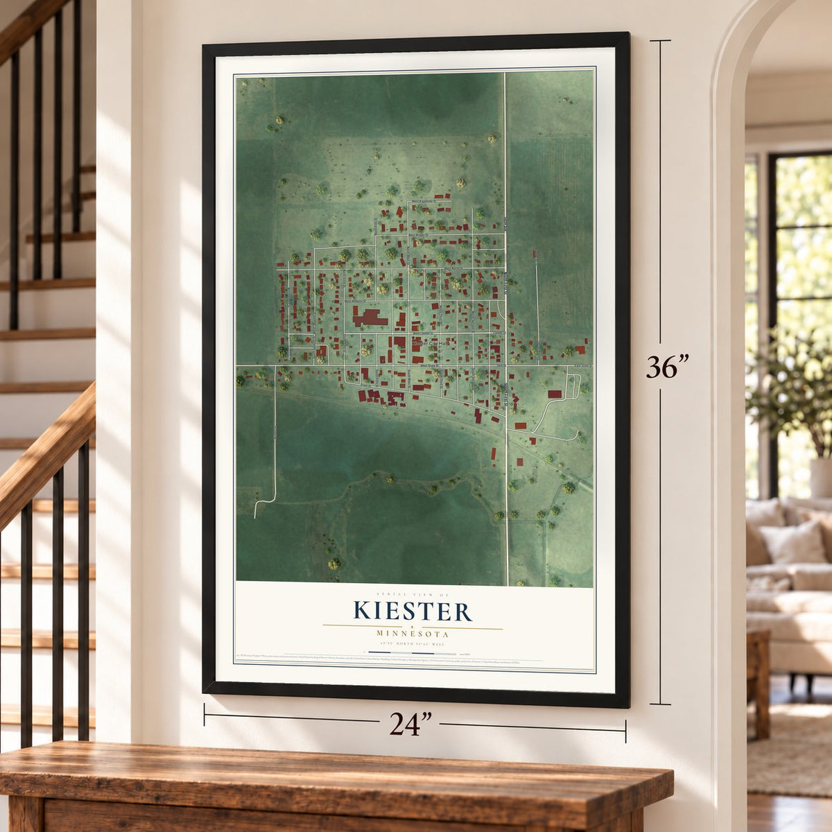 Kiester, Minnesota map, 24 x 36 inch print in a black frame by a staircase