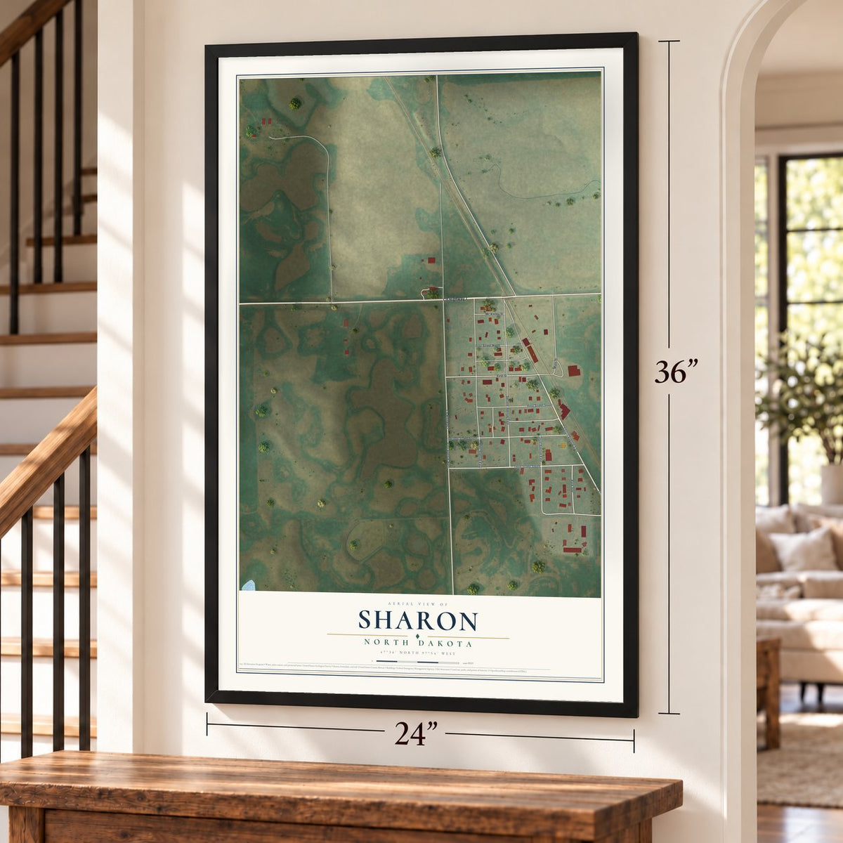 Sharon, North Dakota map, 24 x 36 inch print in a black frame by a staircase
