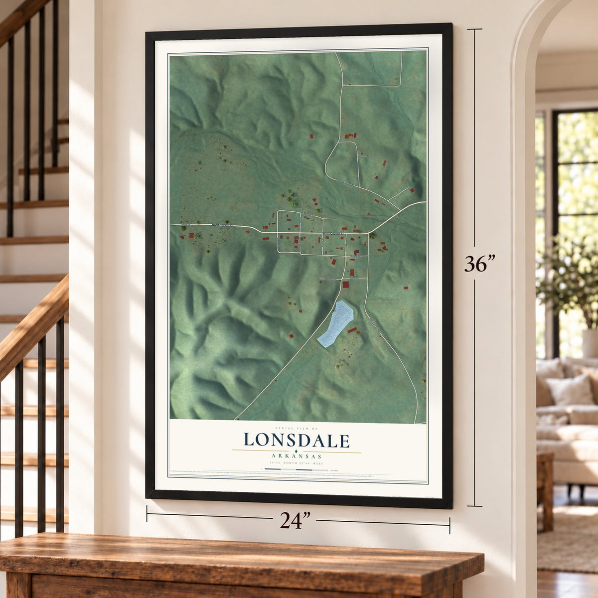 Lonsdale, Arkansas map, 24 x 36 inch print in a black frame by a staircase