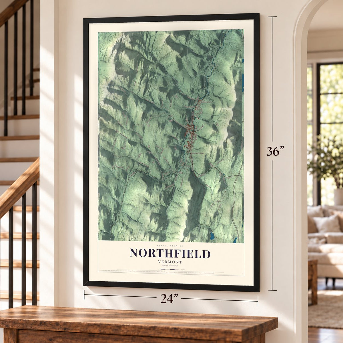 Northfield, Vermont map, 24 x 36 inch print in a black frame by a staircase
