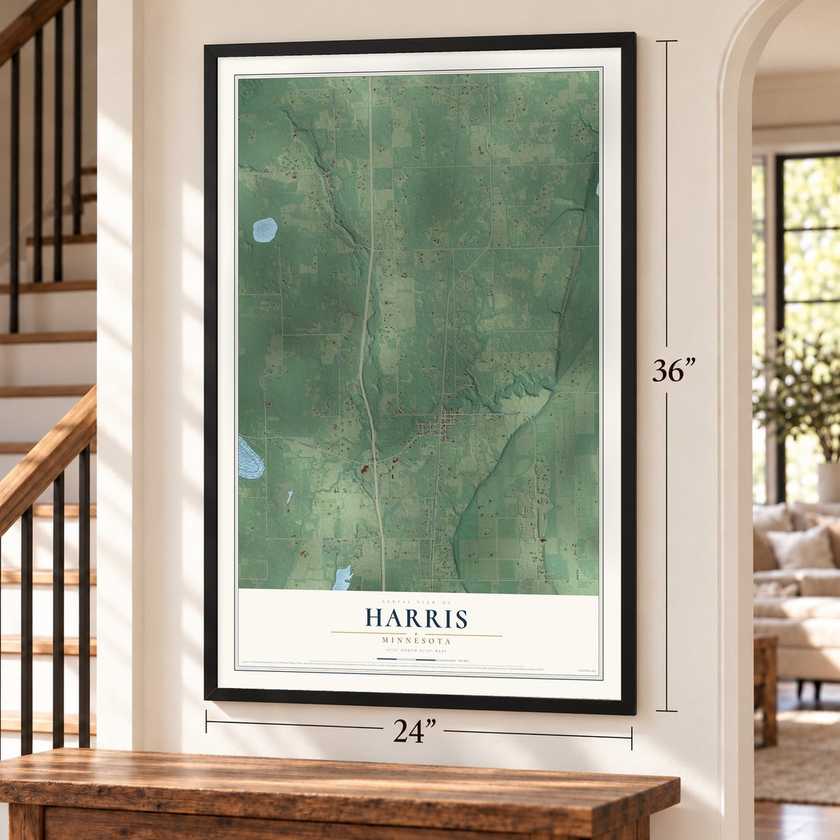 Harris, Minnesota map, 24 x 36 inch print in a black frame by a staircase