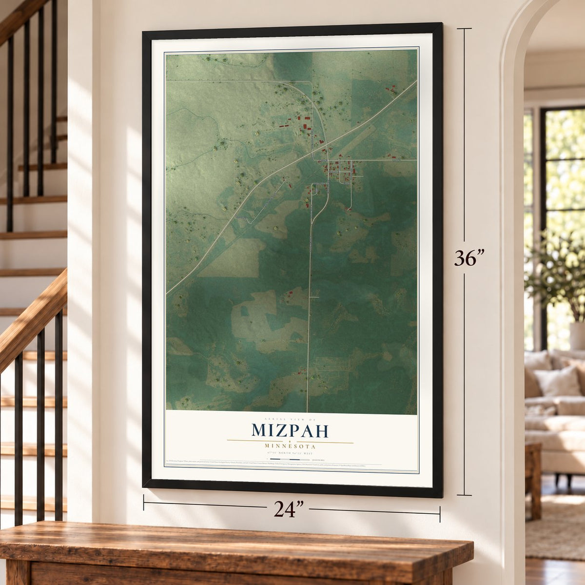 Mizpah, Minnesota map, 24 x 36 inch print in a black frame by a staircase