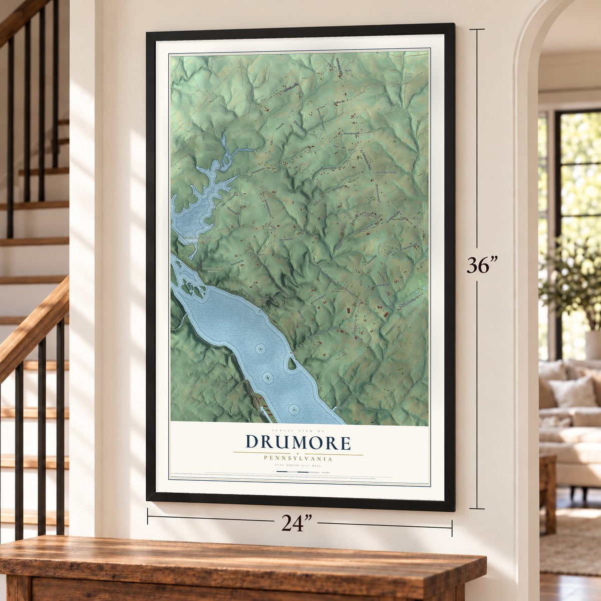Drumore, Pennsylvania map, 24 x 36 inch print in a black frame by a staircase