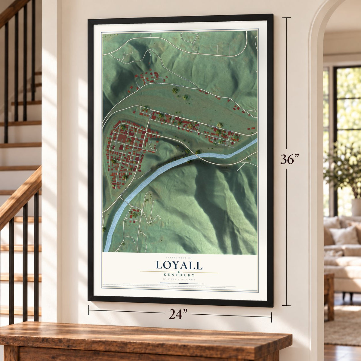 Loyall, Kentucky map, 24 x 36 inch print in a black frame by a staircase
