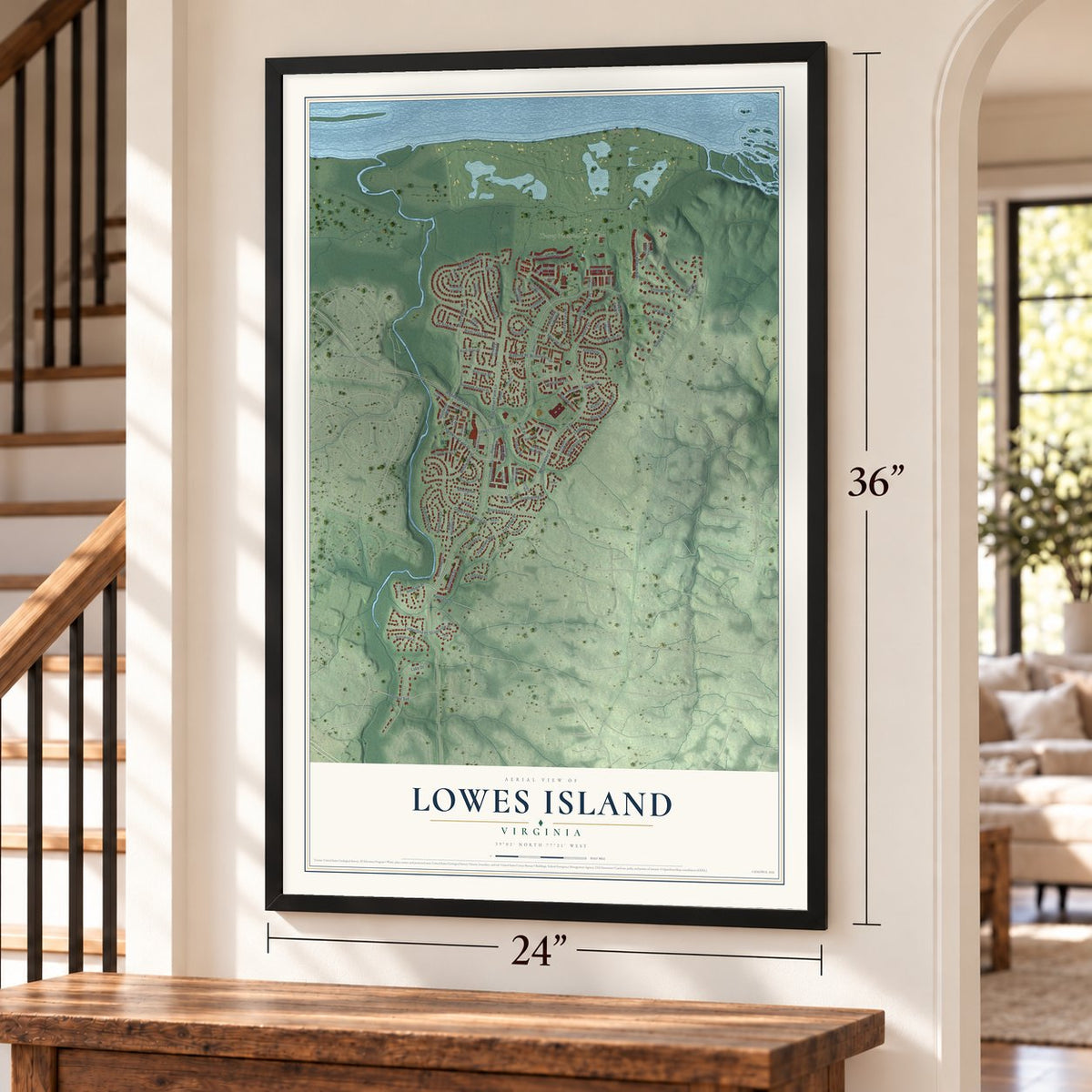 Lowes Island, Virginia map, 24 x 36 inch print in a black frame by a staircase