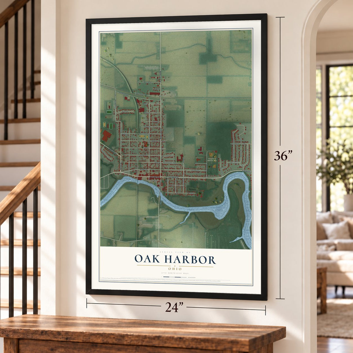 Oak Harbor, Ohio map, 24 x 36 inch print in a black frame by a staircase