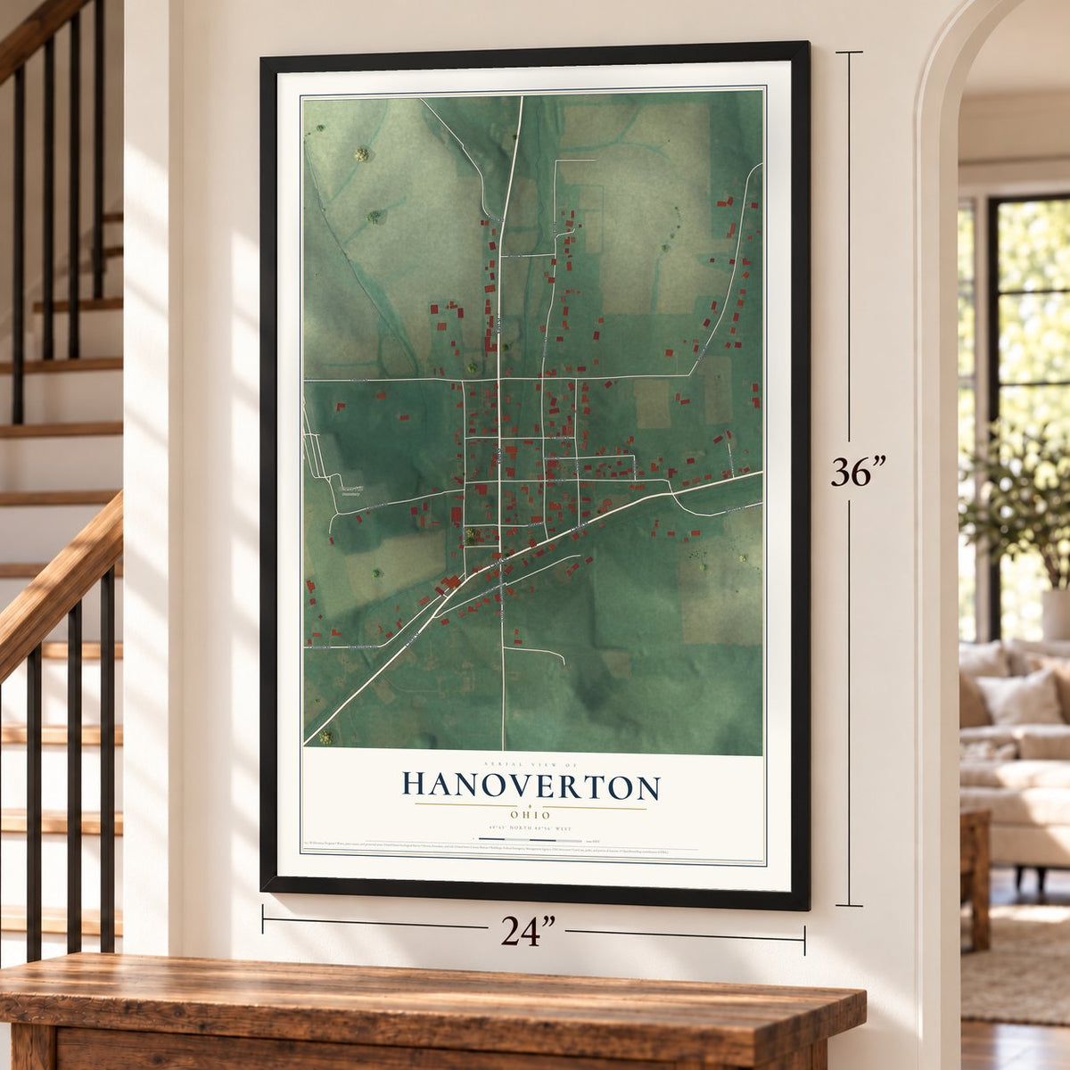 Hanoverton, Ohio map, 24 x 36 inch print in a black frame by a staircase