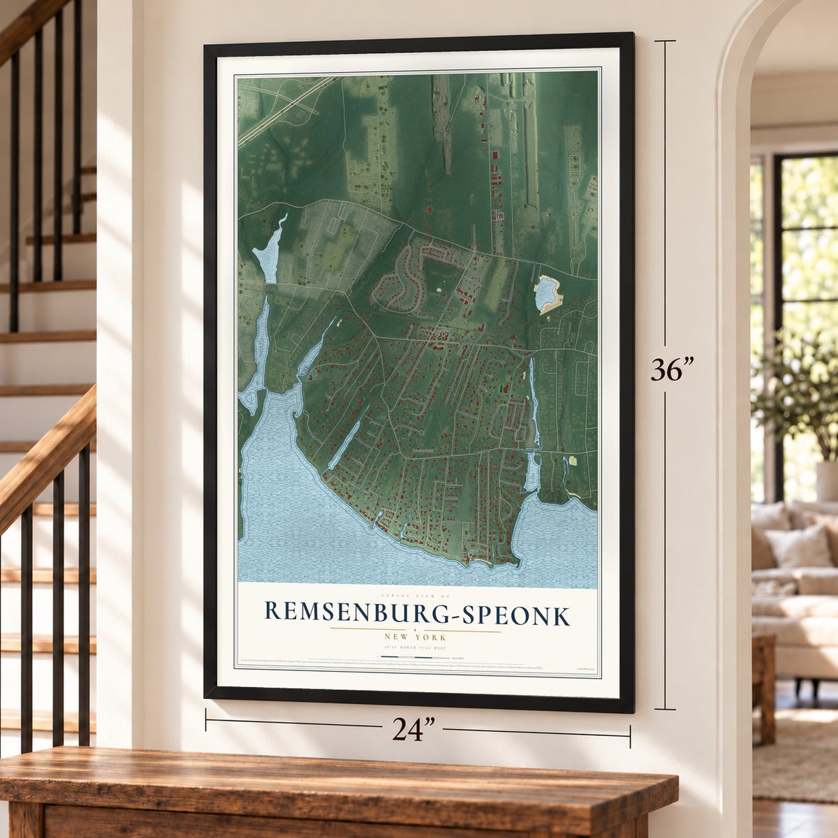 Remsenburg-Speonk, New York map, 24 x 36 inch print in a black frame by a staircase