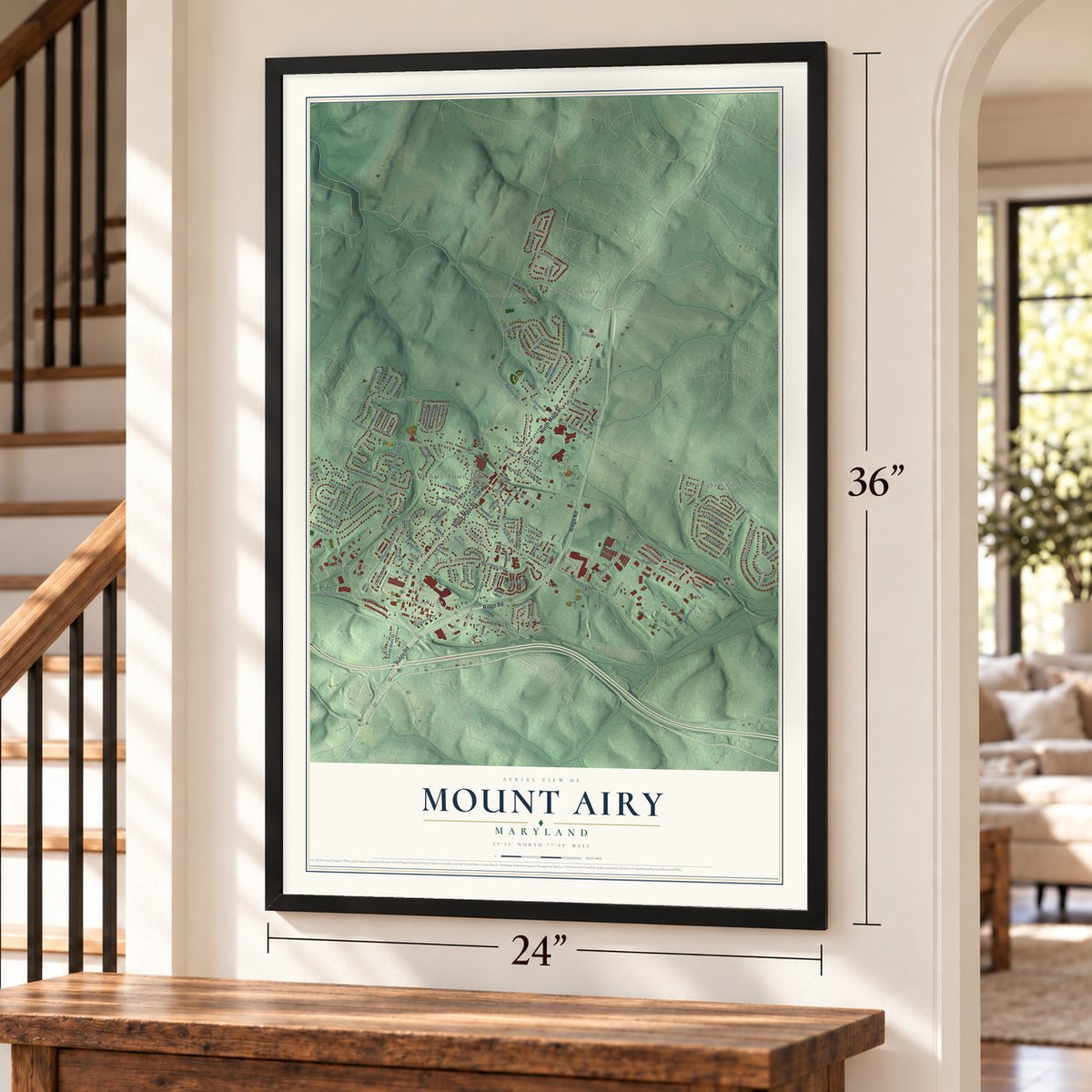 Mount Airy, Maryland map, 24 x 36 inch print in a black frame by a staircase