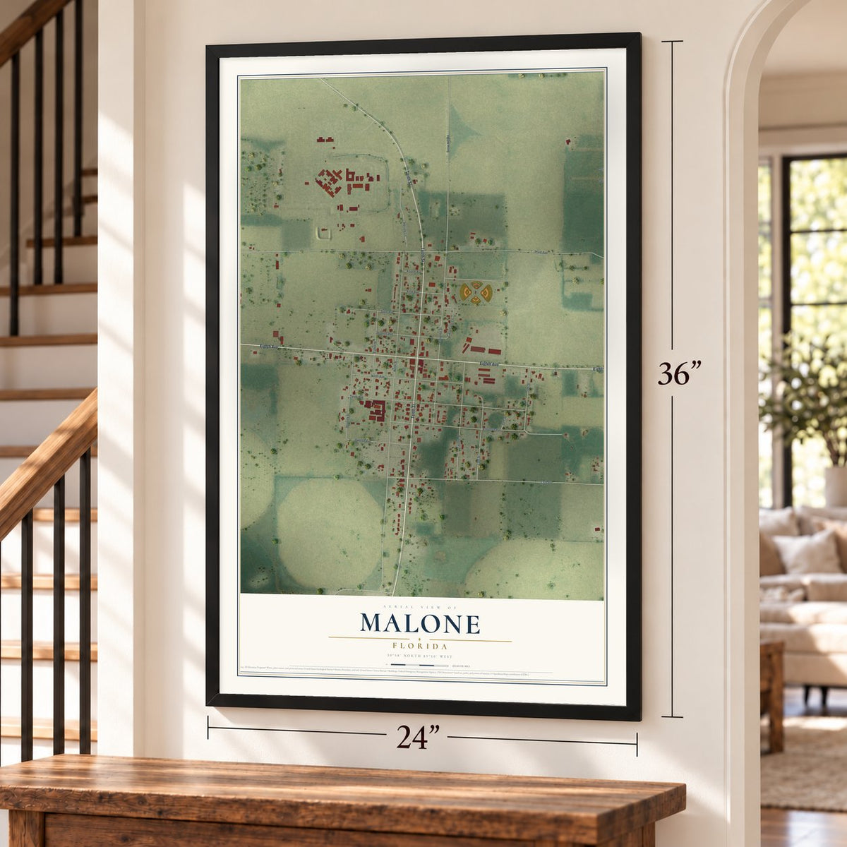 Malone, Florida map, 24 x 36 inch print in a black frame by a staircase