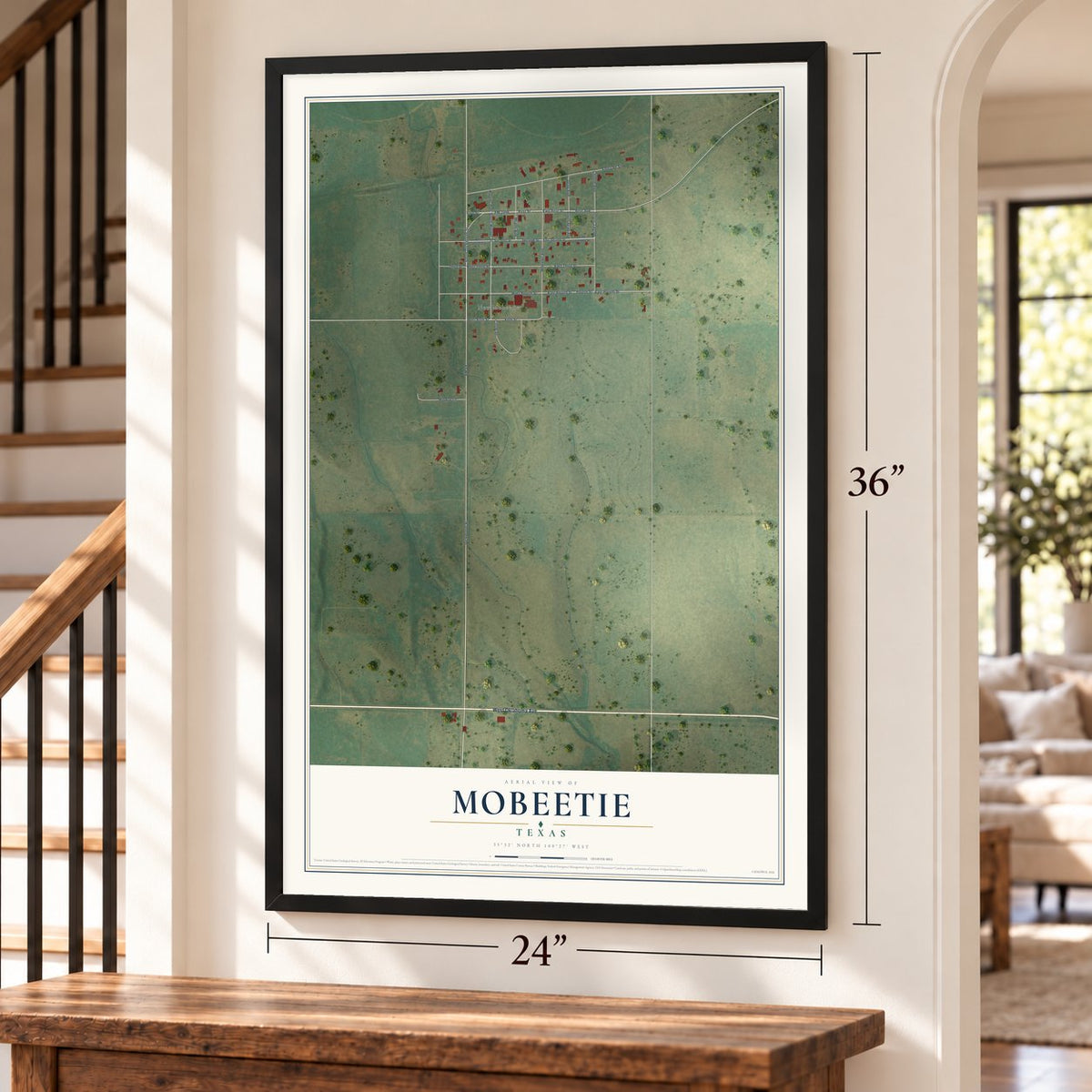 Mobeetie, Texas map, 24 x 36 inch print in a black frame by a staircase