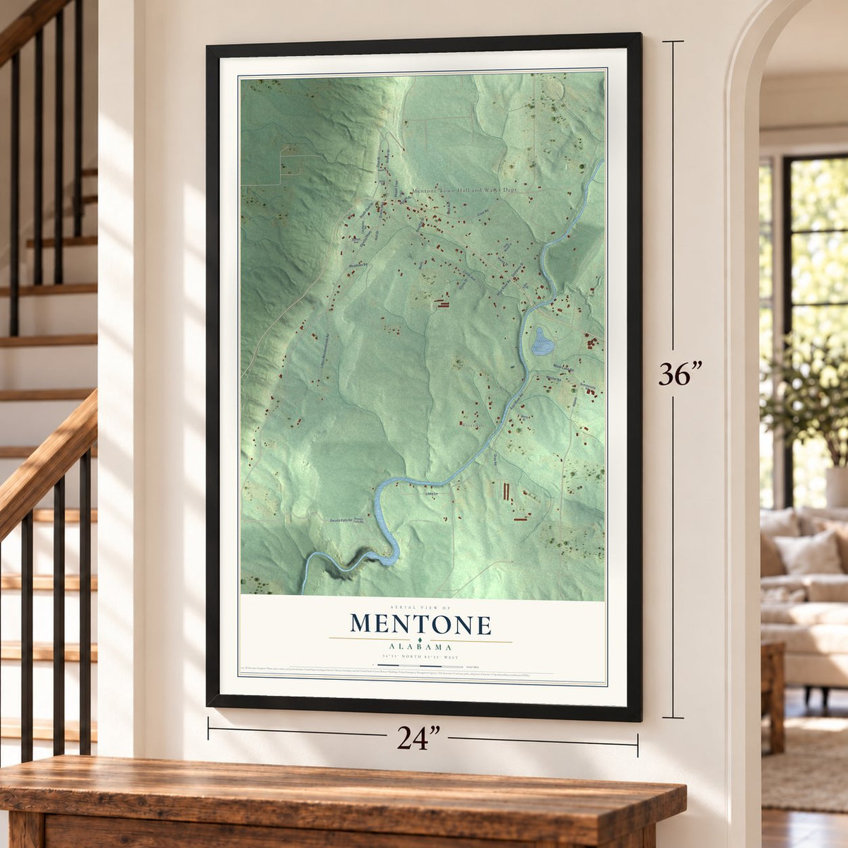 Mentone, Alabama map, 24 x 36 inch print in a black frame by a staircase