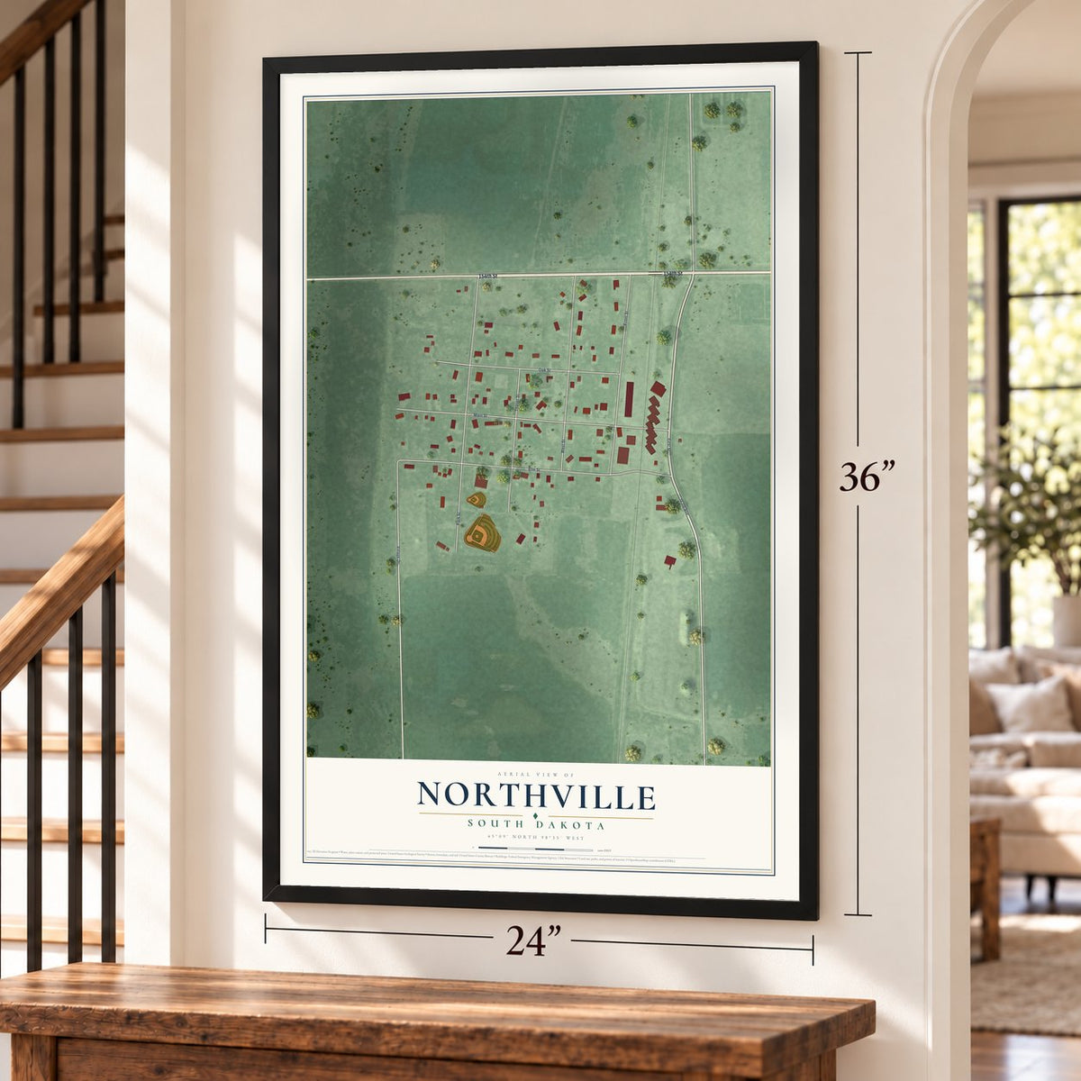 Northville, South Dakota map, 24 x 36 inch print in a black frame by a staircase