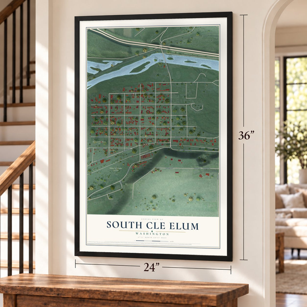 South Cle Elum, Washington map, 24 x 36 inch print in a black frame by a staircase