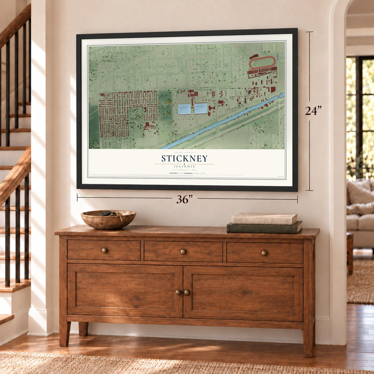 Stickney, Illinois map, 24 x 36 inch print in a black frame above a dresser by a staircase