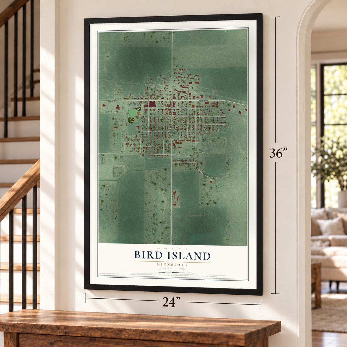 Bird Island, Minnesota map, 24 x 36 inch print in a black frame by a staircase