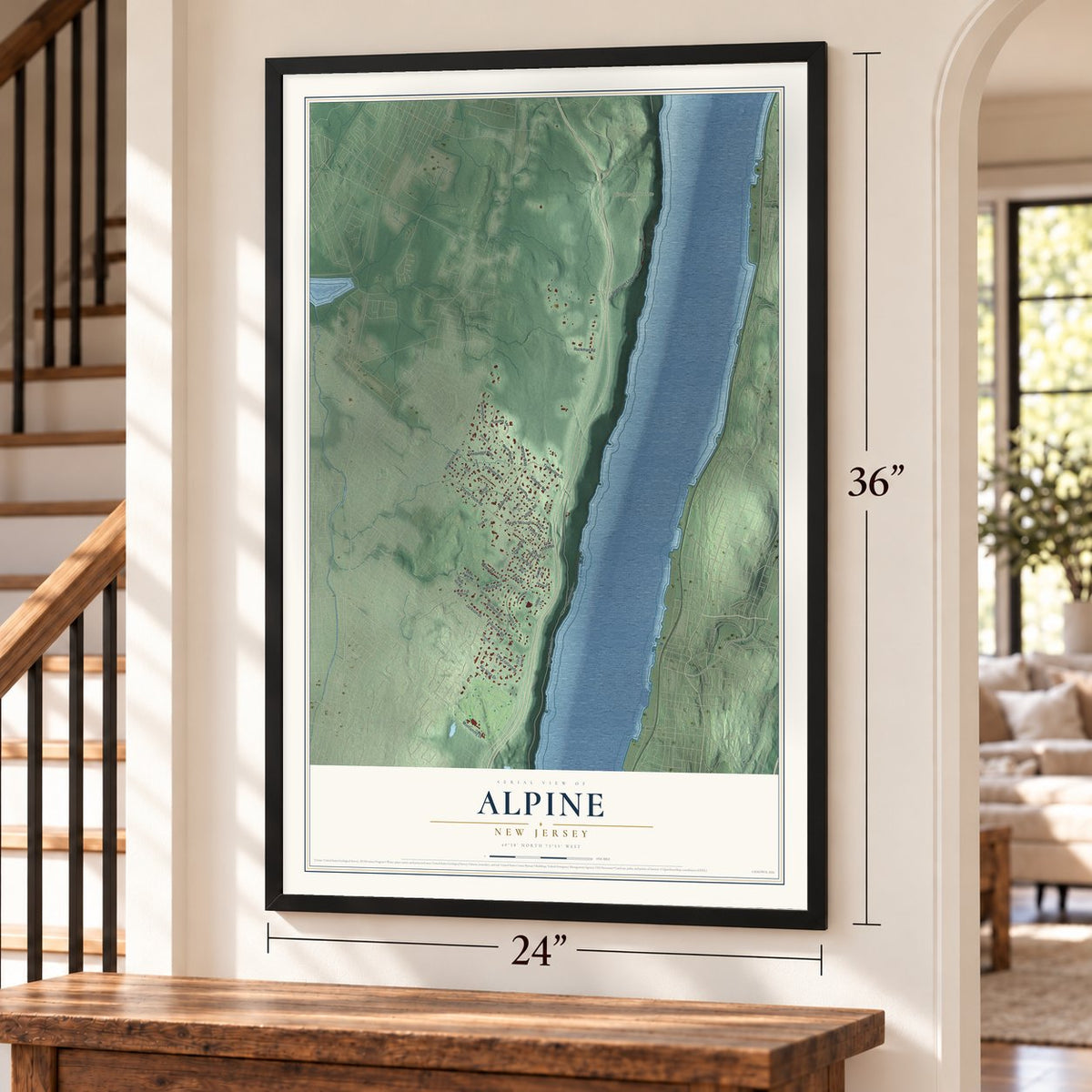 Alpine, New Jersey map, 24 x 36 inch print in a black frame by a staircase