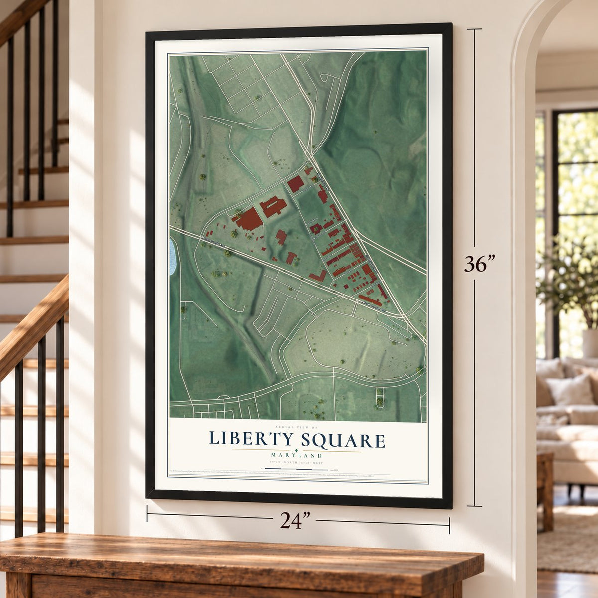 Liberty Square, Maryland map, 24 x 36 inch print in a black frame by a staircase