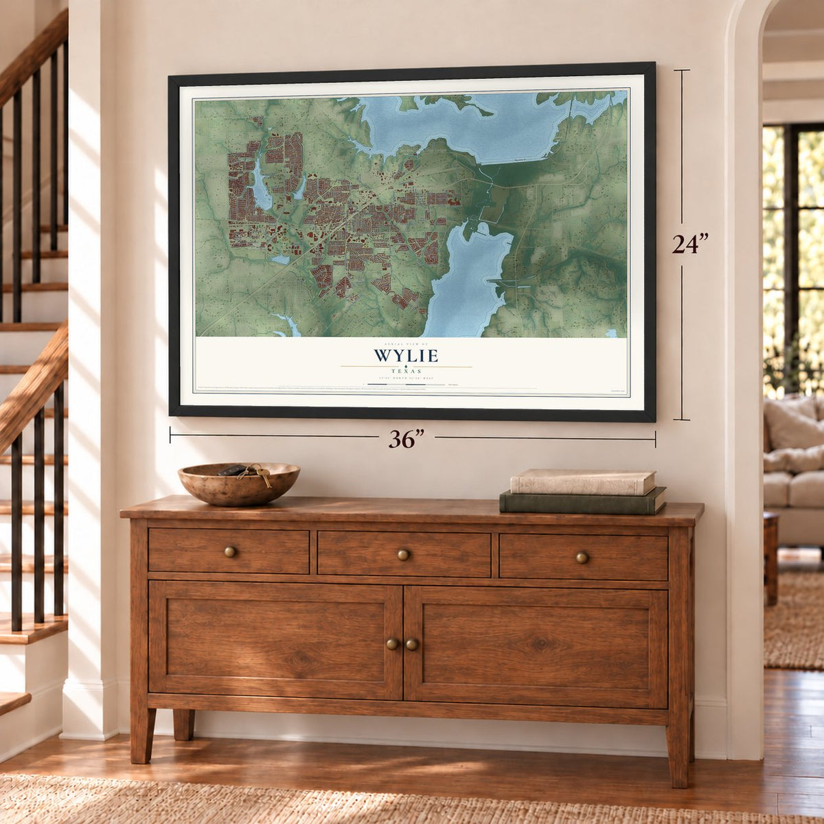 Wylie, Texas map, 24 x 36 inch print in a black frame above a dresser by a staircase
