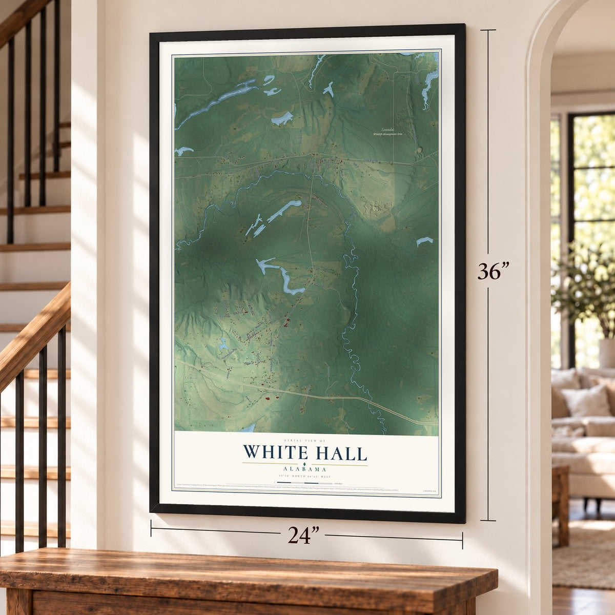 White Hall, Alabama map, 24 x 36 inch print in a black frame by a staircase