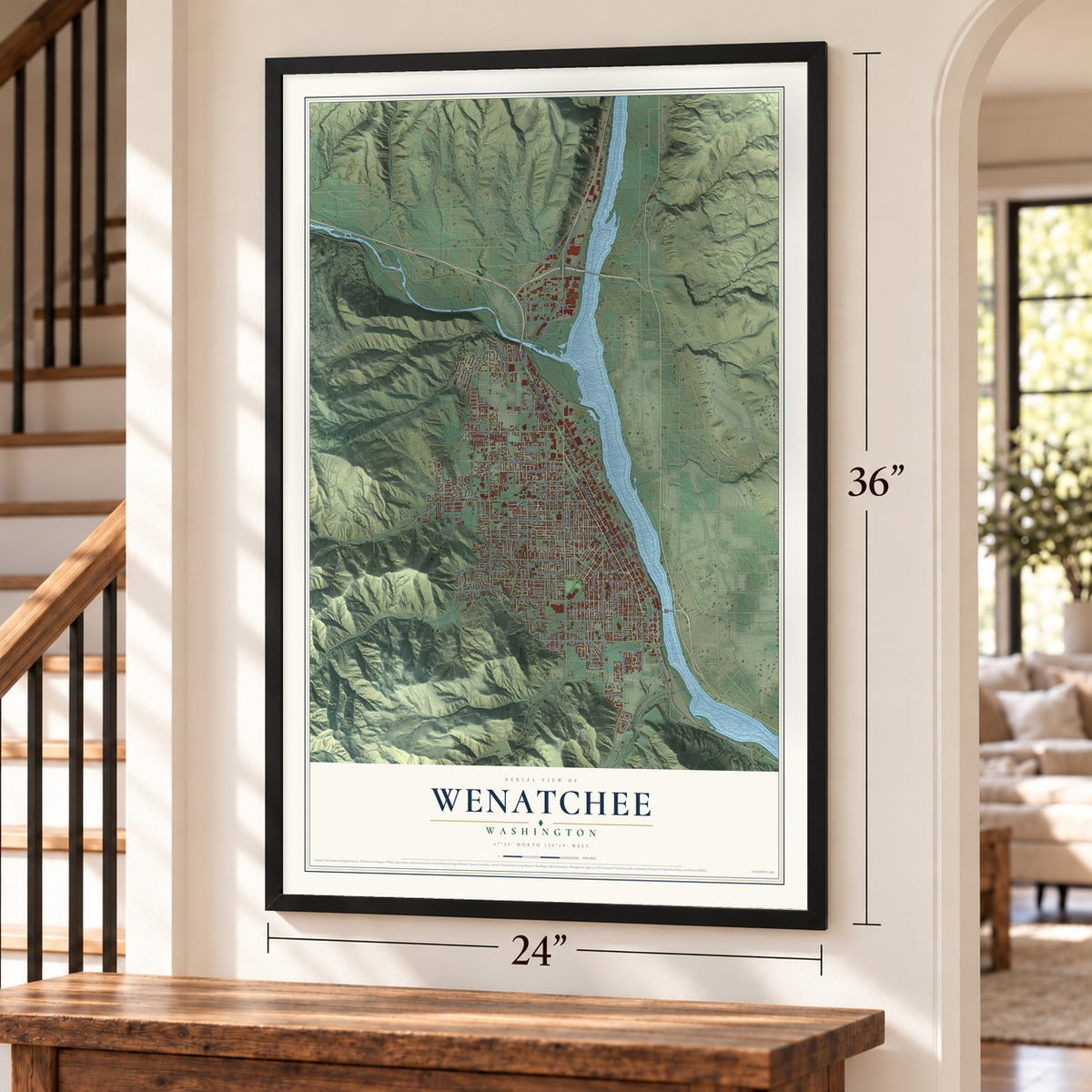 Wenatchee, Washington map, 24 x 36 inch print in a black frame by a staircase